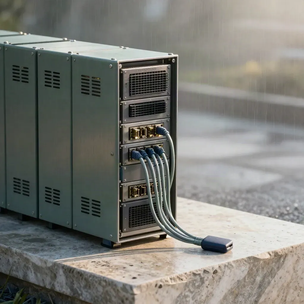Node servers, fiber leads, transceivers, and a hardware key on pale stone in dawn mist