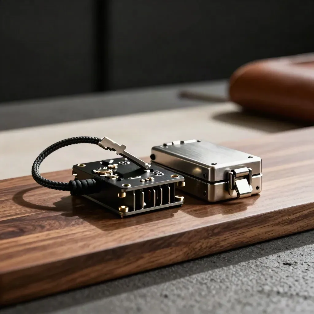 Black module, fiber lead, and closed crate latch on a walnut surface.