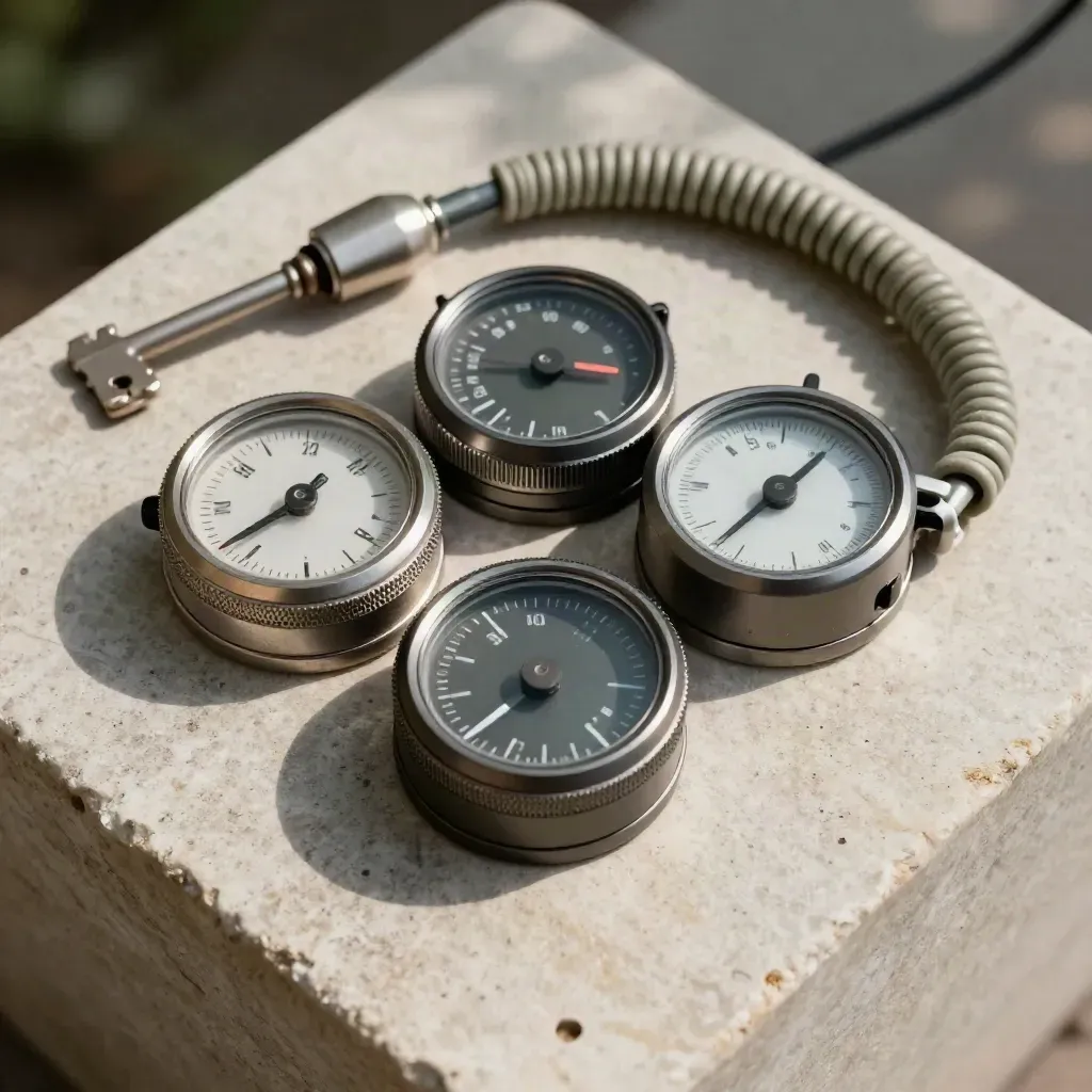 Validator dials, mute block and patch leads on warm stone under raking light