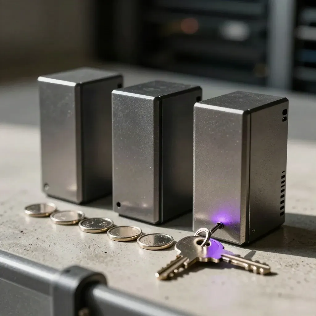 Server blocks, voting tokens, and a security key on brushed concrete with soft bokeh